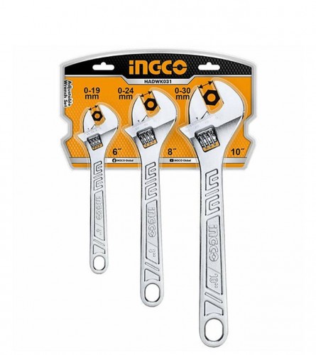 INGCO TOOLS Ključevi francuski set 3-1 150-0-19mm 200-0-24mm 250-0-30mm 6"-8"-10" HADWK031